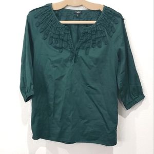 Talbots 100% Cotton Hunter Green Top w/ Round Split V Neck, Size Small